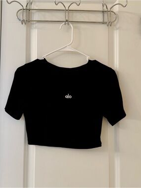ALO Yoga Black Crop Tee with White Logo